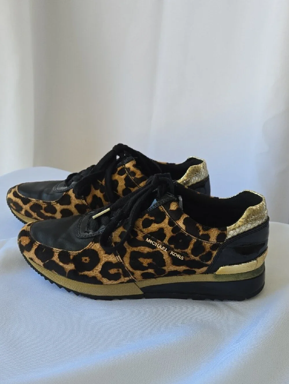 Michael Kors Leopard-Print Lace-Up Sneakers with Black & Gold Accents
